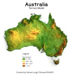 a map of australia showing the terrain and land cover for each country in different colors