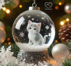 a snow globe with a white kitten inside