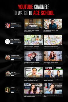 an image of a web page with many different people on it and the words youtube channels to watch to ace school