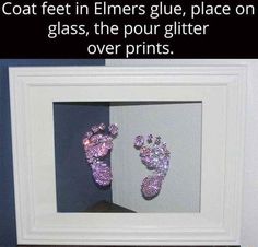 two pairs of shoes are in a frame with the words, coat feet in glitter glue, place on glass, the pour glitter over prints