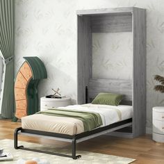 a bedroom with a bed, dresser and other items in the room on the floor