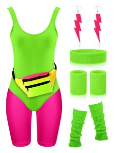 a woman wearing neon green and pink clothing with accessories around her waist, including an armband