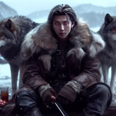 a man sitting on the ground with three wolfs behind him and one holding a drink in his hand