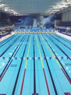 an indoor swimming pool with blue and yellow lanes