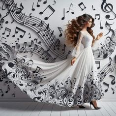 a woman in a white dress with musical notes on the wall behind her