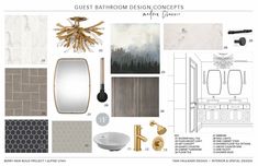 bathroom design concept board with gold accents