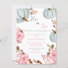 a wedding card with watercolor pumpkins and leaves on the front, which reads he or she