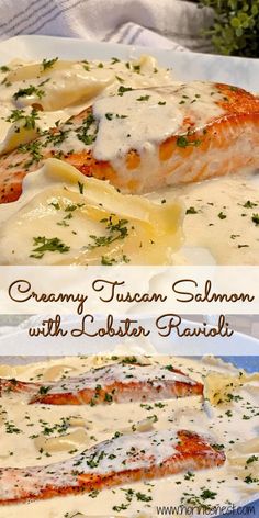 salmon with lobster ravioli in creamy italian sauce on a white plate, and another image of salmon covered in gravy