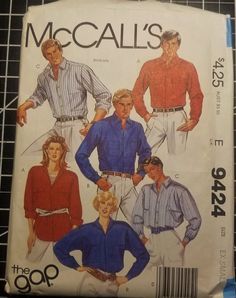 McCall's Misses Men's "The Gap" Shirt Pattern. Buttoned shirt has self lined back yoke with forward shoulder seams, collar with neckband, patch pockets and long sleeves with buttoned cuffs.  Used Pattern. All pieces included. Size XS (Misses or Men's) Bust/Chest Size: 30.5-31.5 Mens Shirt Pattern, Shirt Sewing Pattern, Mccalls Sewing Patterns, Motif Vintage, Couture Vintage, Mccalls Patterns, Sewing Pattern Sizes, Vintage Sewing Patterns, Vintage Pattern