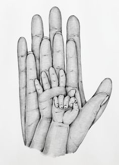 a black and white drawing of two hands holding a baby's hand in the palm