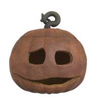 a carved pumpkin with two eyes and a black chain hanging from it's side