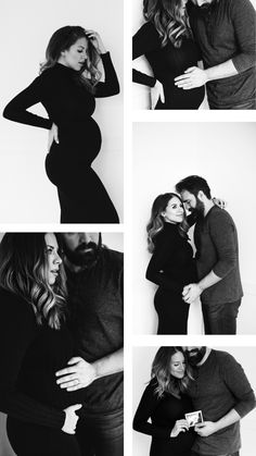 black and white photos of pregnant couple hugging each other with their hands on the belly