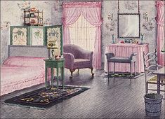 a drawing of a bedroom with pink curtains and furniture