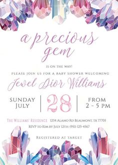 a pink and blue birthday party with jewels on it's front, and the words precious