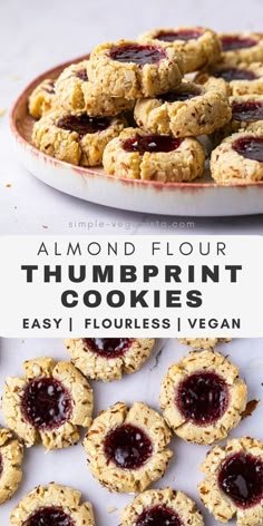 almond floured cookies with jam on top and the words, almond floured thumbprint cookies