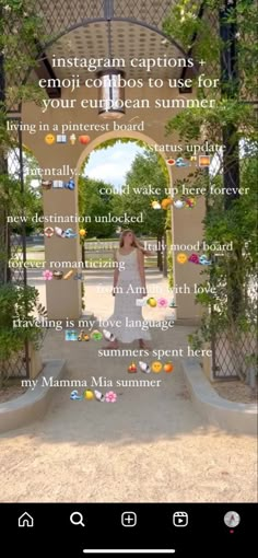 a woman standing in front of an arch with words written on it and the caption below