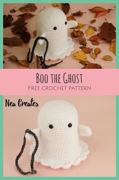 two crocheted white ghost heads with black eyes and one has a leash attached to it