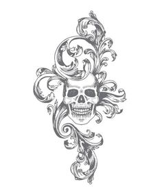 a skull with flowers and swirls on it's head is shown in black ink