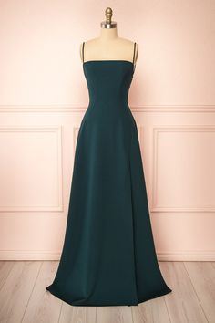 Izabella Green | A-line Maxi Dress w/ Open Back Empire Line Prom Dress, A Line Dress Drawing, Grad Dress Styles, Simple Green Prom Dress, Prom Dresses For Blonde Hair, Green Prom Dress Simple, Long Simple Dresses, Simple Grad Dresses, Emrald Green Dress