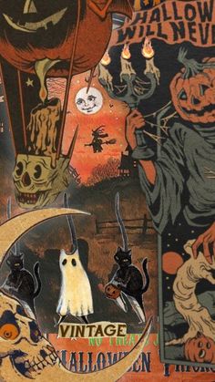 an old fashioned halloween poster with cats, bats and pumpkins on it's side