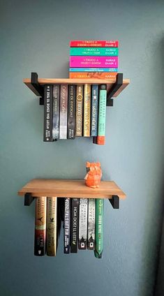 two wooden shelves with books on them against a blue wall, one has a cat figurine and the other is a stack of books