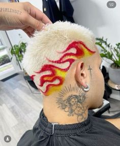 Buzzcut Fire Design, Buzzcut Hair Dye Art Men, Men Buzzcut Dyed, Buzz Cut Men Dyed, Temper Fade, Buzz Hair Design, Shaved Hair Dye Designs, Buzz Cut Dyed Hair Men, Bleached Hair Designs