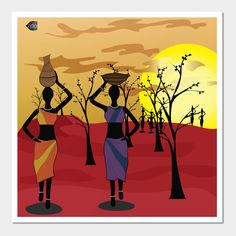 two women carrying baskets on their heads walking through the desert at sunset, with trees in the background