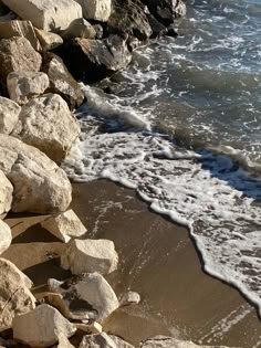 there is a bird that is standing on the rocks by the water