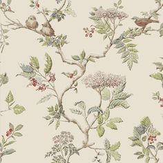 a wallpaper with birds, berries and leaves on the branches is shown in this image