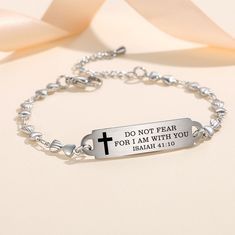 Elevate your faith with our stunning stainless steel Bible verse bracelet, a symbol of hope and peace. This beautiful accessory serves as a tangible reminder of faith and inner strength, providing inspiration and comfort during daily wear. Crafted with care, this bracelet is nickel-free and waterproof, making it skin-friendly and enduring. Its low allergenicity ensures comfort and confidence, allowing you to wear your faith proudly. With an adjustable heart chain and lightweight design, this bra Christian Bracelets Elevated Faith, Silver Inspirational Bracelets For Valentine's Day, Inspirational Silver Bracelets For Valentine's Day, Inspirational Heart-shaped Adjustable Bracelets, Inspirational Adjustable Silver Charm Bracelet, Adjustable Cross Chain Bracelet As Gift, Inspirational Adjustable Rosary Bracelet Gift, Rose Gold Quotes, Gold Quotes