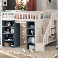 a child's bedroom with a loft bed and bookcase under the stairs, decorated for christmas