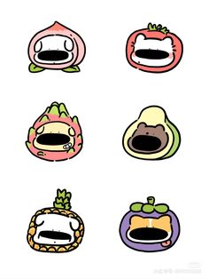 six stickers with different types of animals and food on them, all in different colors