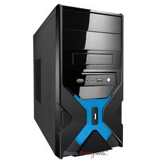 a black and blue computer tower on a white background