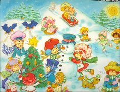 an image of children playing in the snow with christmas trees and toys on it's side