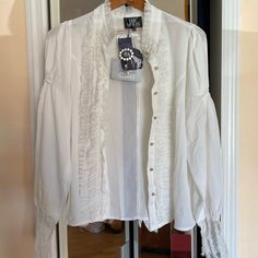 Brand New Size Large White Button-up Tops With Lace Cuffs, White Lace Cuffs Button-up Tops, White Bohemian V-neck Lace Top, Bohemian Embroidered Off-white Blouse, Bohemian Off-white Blouse With Lace Trim, White Blouse, Top Blouse, Womens Sizes, Brand New