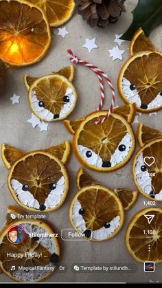 some orange slices are cut in to look like foxes