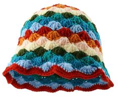 a multicolored crocheted hat on a white background