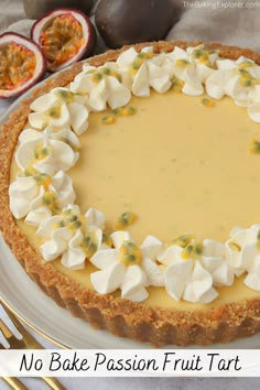 a no bake passion fruit tart on a plate