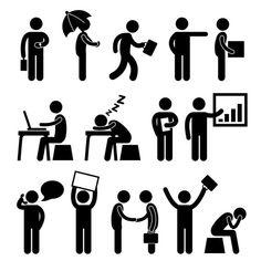 stick figure pictograms showing people working at different desks and standing around