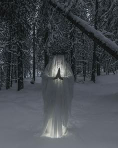 a ghostly figure standing in the middle of a snow covered forest at night with light shining on its face