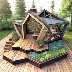 an artistic rendering of a house in the middle of a wooden deck with stairs leading up to it