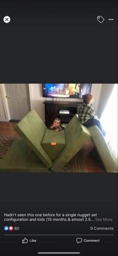 a man sitting on top of a green chair in front of a tv screen with the caption's description below it