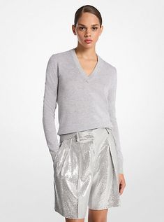 Shimmering metallic threads upgrade this classic v-neck sweater with glamorous appeal. Pair it with sequined shorts for a party-ready look. Valentines Presents For Her, Vday Gifts, Valentine Gift For Wife, Valentine Gifts For Girlfriend, Valentines Presents, Sequin Shorts, Presents For Her, Michael Kors Collection, Italian Fabric