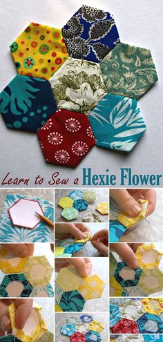 Learn to Sew a Hexie Flower Hexie Tutorial, Hexagon Quilt Tutorial, Hexie Patterns, Hexie Quilts Patterns, Hexie Quilts, Flower Quilt Patterns, Hexagon Patchwork, Hexagon Quilts