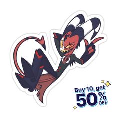 a sticker with an image of a demon on it's back and the words, buy 10 get 50 % off