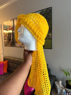 Handmade Crochet Ruffle Hat The average head circumference for this hat is 21-24 inches.  Made with 100% Acrylic Yarn.  Recommended for hand wash and air dry ONLY. Fitted Yarn Beach Hat, One Size Summer Headwrap Hat, Adjustable Yellow Headwrap For Spring, Summer Headwrap Beanie One Size, One Size Summer Beanie Headwrap, Crochet Bonnet For Beach, One Size, Yellow Yarn Hat One Size, Fitted Crochet Beanie For Beach, Spring Yellow Crochet Hat One Size