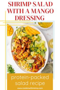 shrimp salad with mango dressing on a white plate and text overlay reads shrimp salad with mango dressing