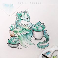 a drawing of a green dragon with succulents in it's hands