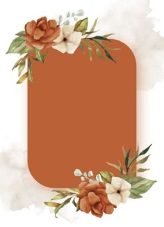 an orange frame with flowers and leaves around it on top of watercolor paint blotches