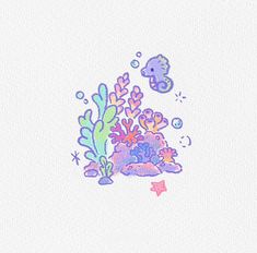 an image of sea animals and plants on a white background with pink, purple, blue, and green colors